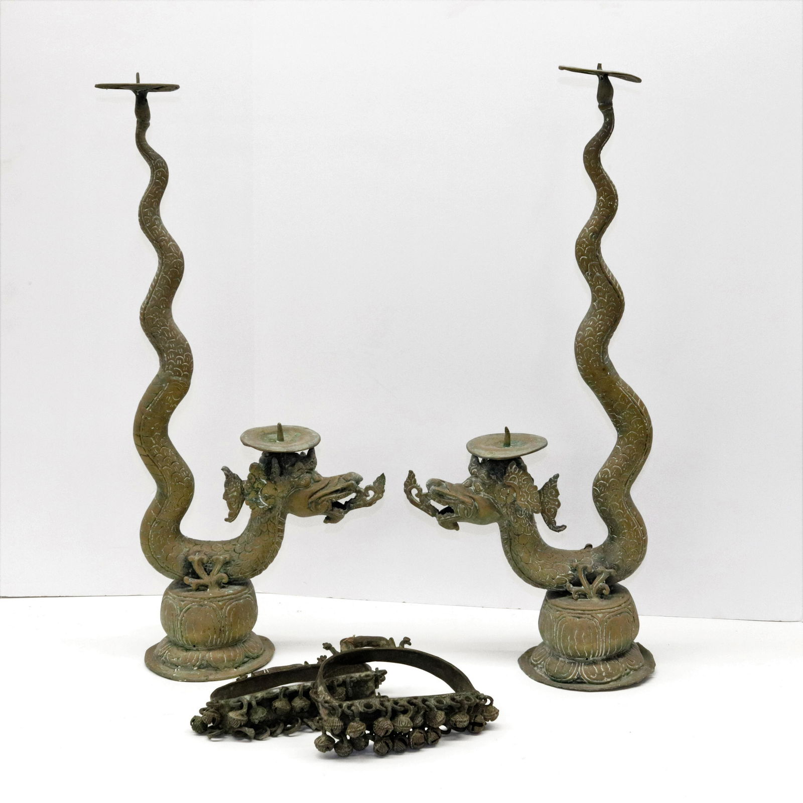 Pair Indian Brass Serpent Candlesticks & Stirrups (1 of 3)