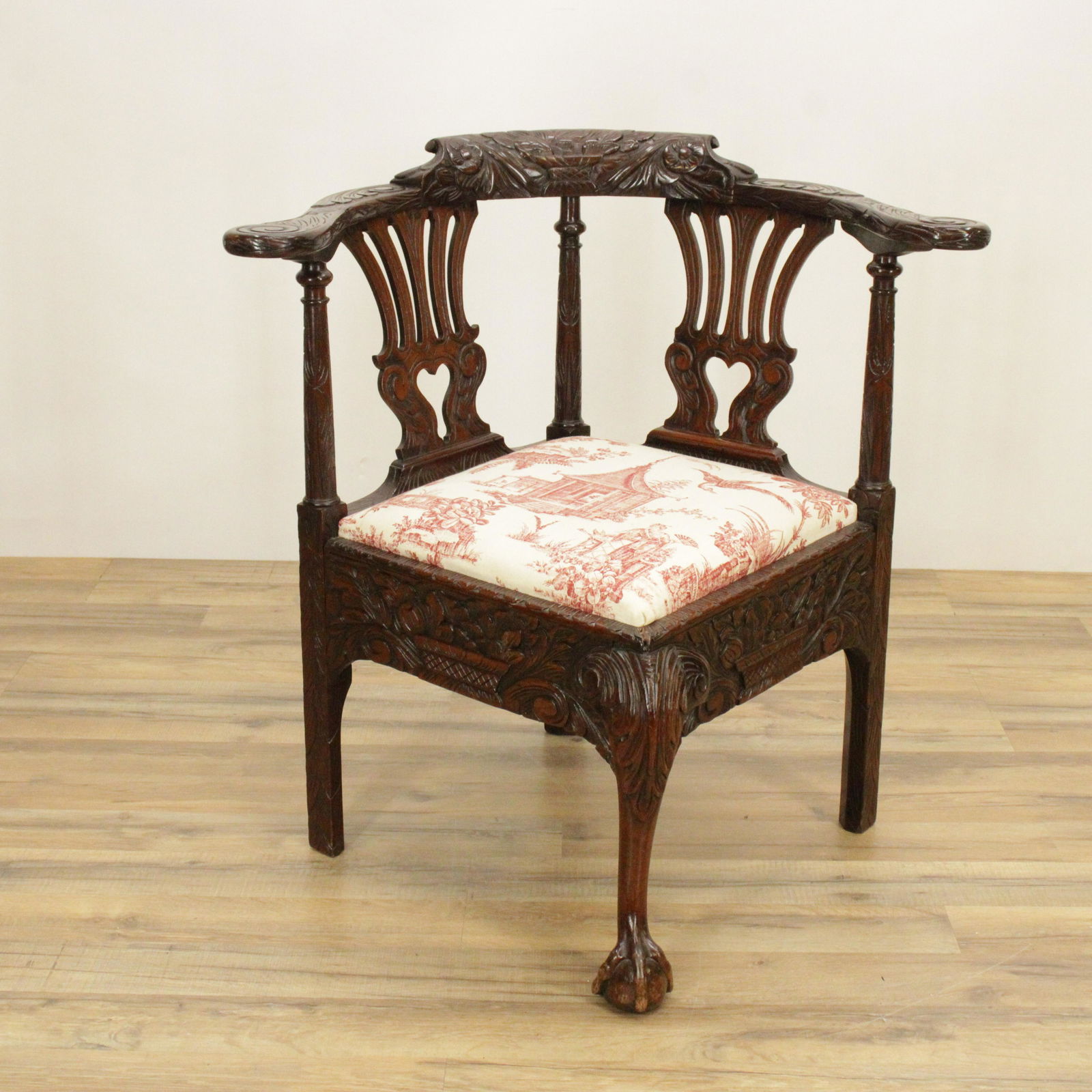 George III Style Mahogany Corner Chair: George III Style Mahogany Corner Chair, Chinese style printed cotton upholstery.Dimensions: 29 1/2" H x 29 1/4" W x 28" Dia. Shipping is the buyer's responsibility! We recommend obtaining a quote from