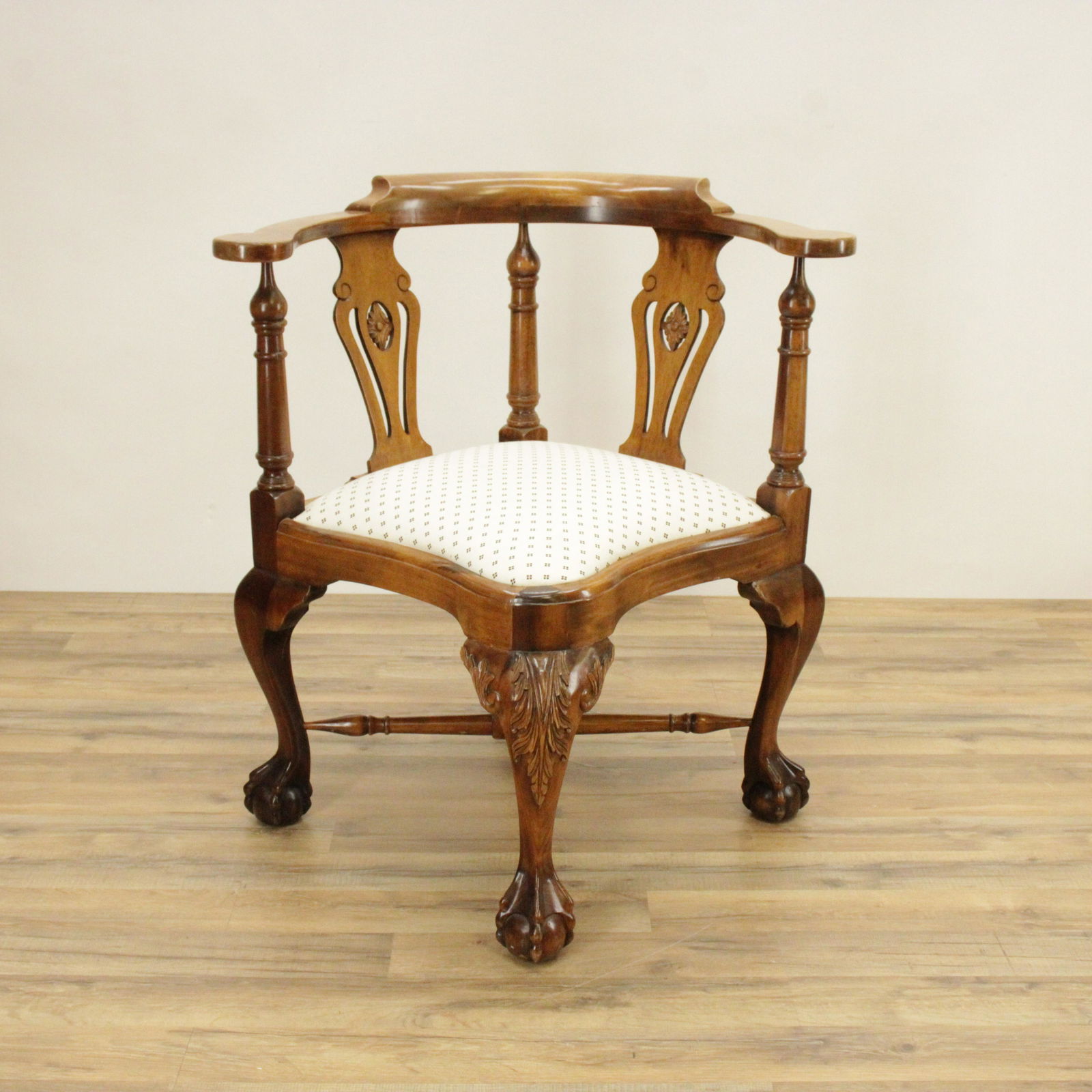 George III Style Mahogany Corner Chair: George III Style Mahogany Corner Chair, white brocadeDimensions: 32 1/2" H x 30" W x 26 1/2" D Shipping is the buyer's responsibility! We recommend obtaining a quote from a third party shipper prior t