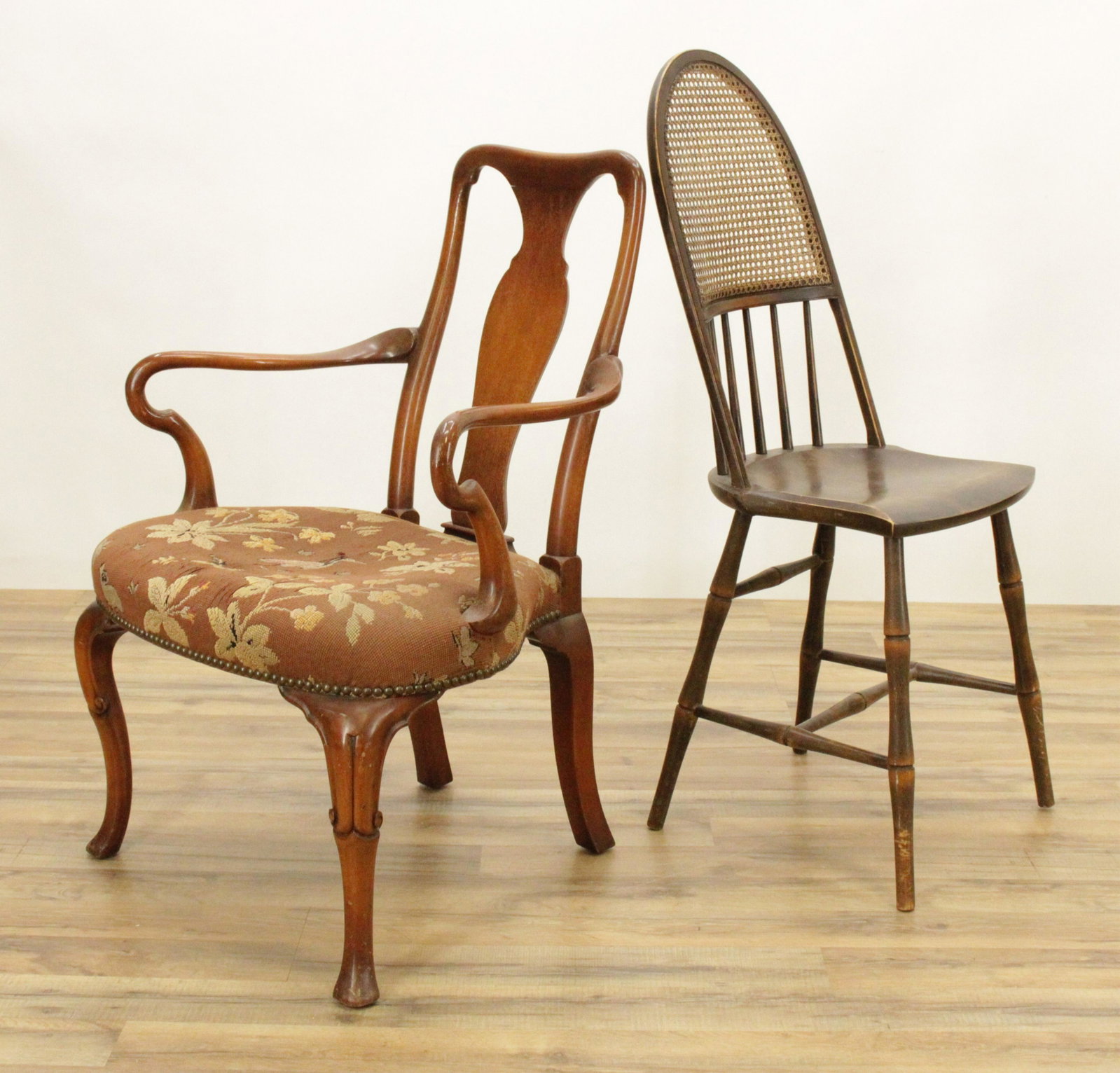 Queen Anne Style Armchair, Windsor Side Chair: Queen Anne Style Armchair, Windsor Side ChairDimensions: Armchair 35 1/4" H x 24 1/2" W x 24" D Shipping is the buyer's responsibility! We recommend obtaining a quote from a third party shipper prior 