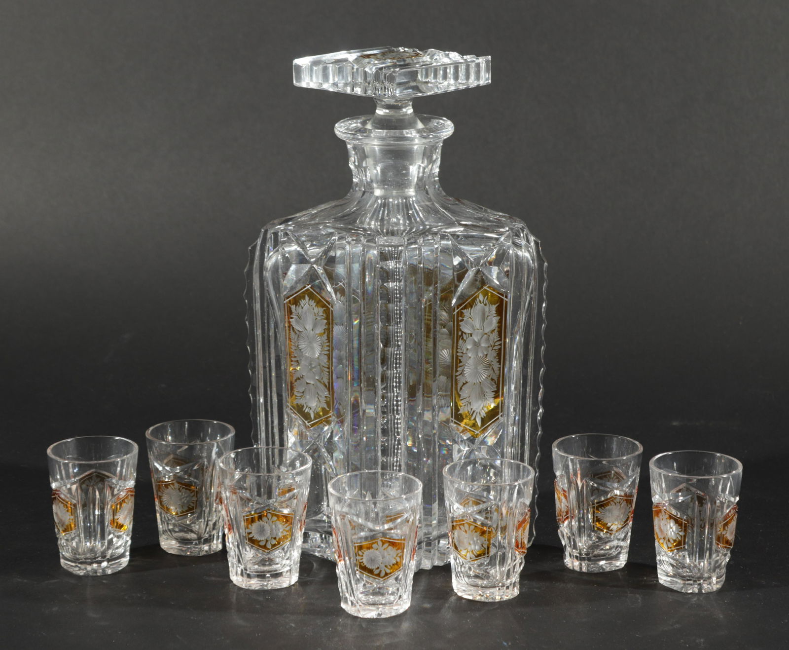 Cut Glass Decanter with 7 Shot Glasses (1 of 2)