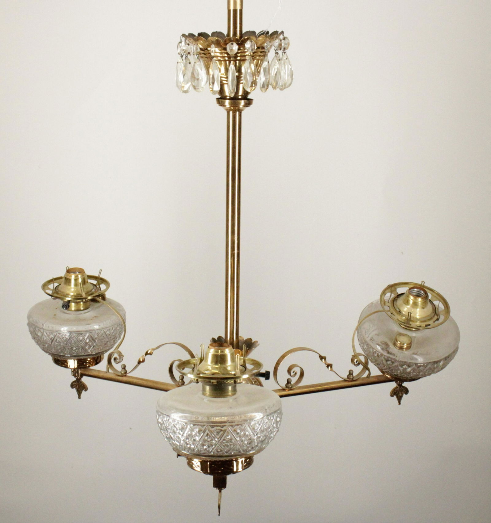 Victorian Brass & Etched Glass 3-Light Chandelier (1 of 6)