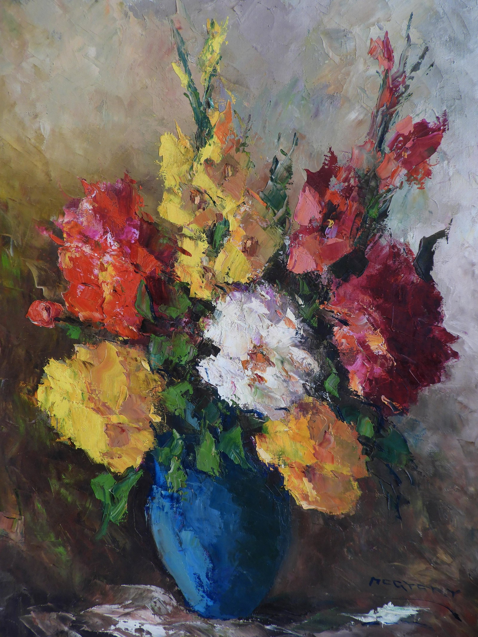 IstvÃ¡n Megyery - Impressionist Peony Bouquet: IstvÃ¡n Megyery (Hungarian, b. 1898). Oil on canvas depiction of impressionist floral bouquet. Signed Megyery lower right.Dimensions: 30 x 24" unstretched Shipping is the buyer's responsibility! We 