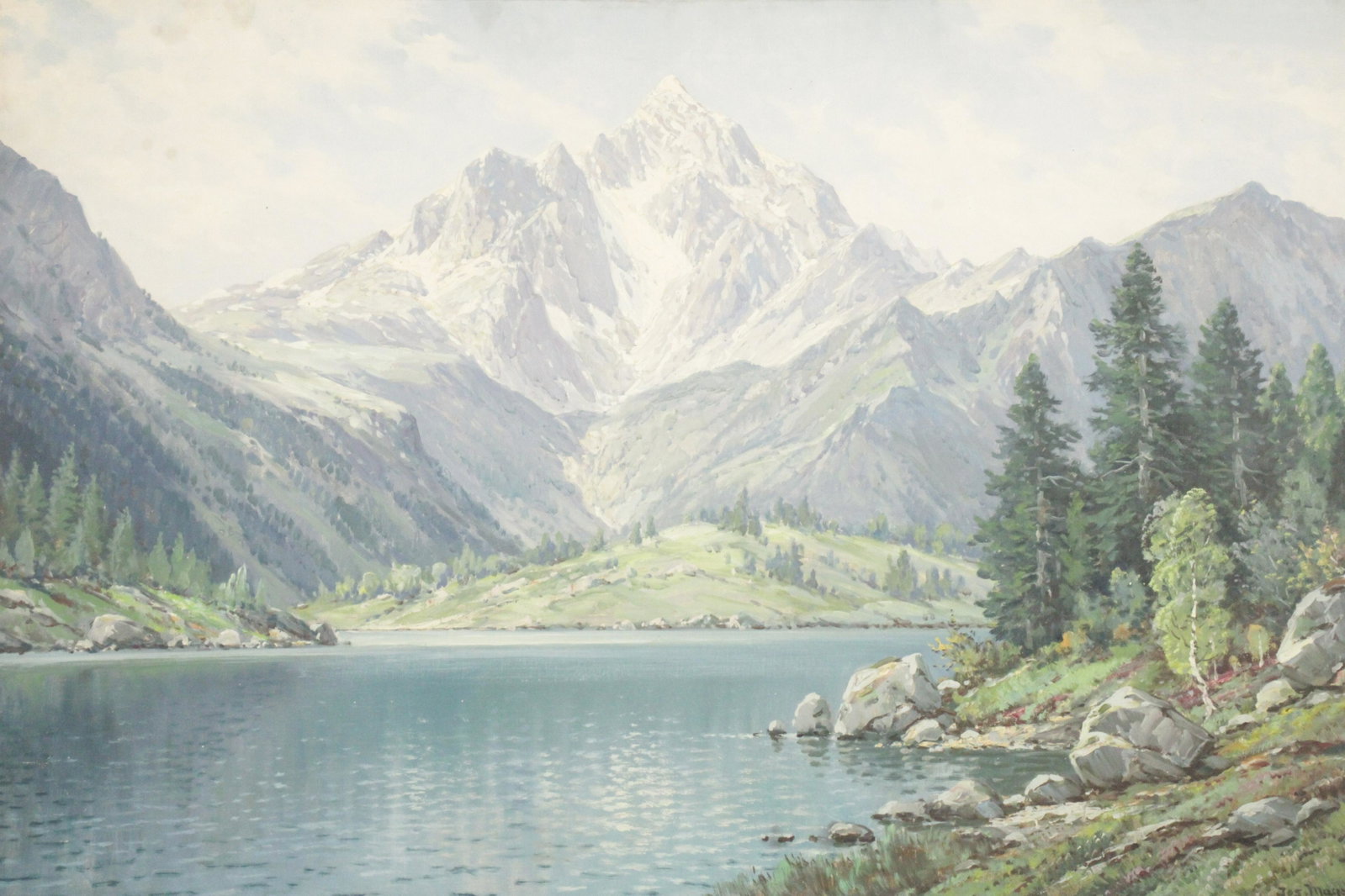 Josef Magerer - Korbersee: Josef Magerer (Austrian 1883 - 1930). Bregenzee Wald Gevirge (Korbersee) oil on canvas, signed lower right.Dimensions: 24 x 36" unstretched Shipping is the buyer's responsibility! We recommend obtaini