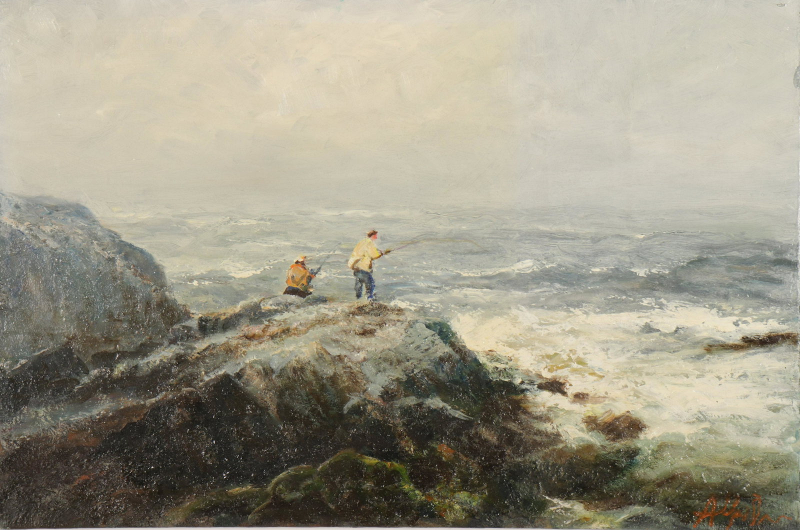 Arthur Upelnicks - Fisherman on Coast: Arthur Upelnicks (Russian, 1911 - 1994). Oil on canvas scene of fishman on rocky coast. Signed lower right. Also signed & dated verso.Dimensions: 24 x 36" unframed Shipping is the buyer's responsibili