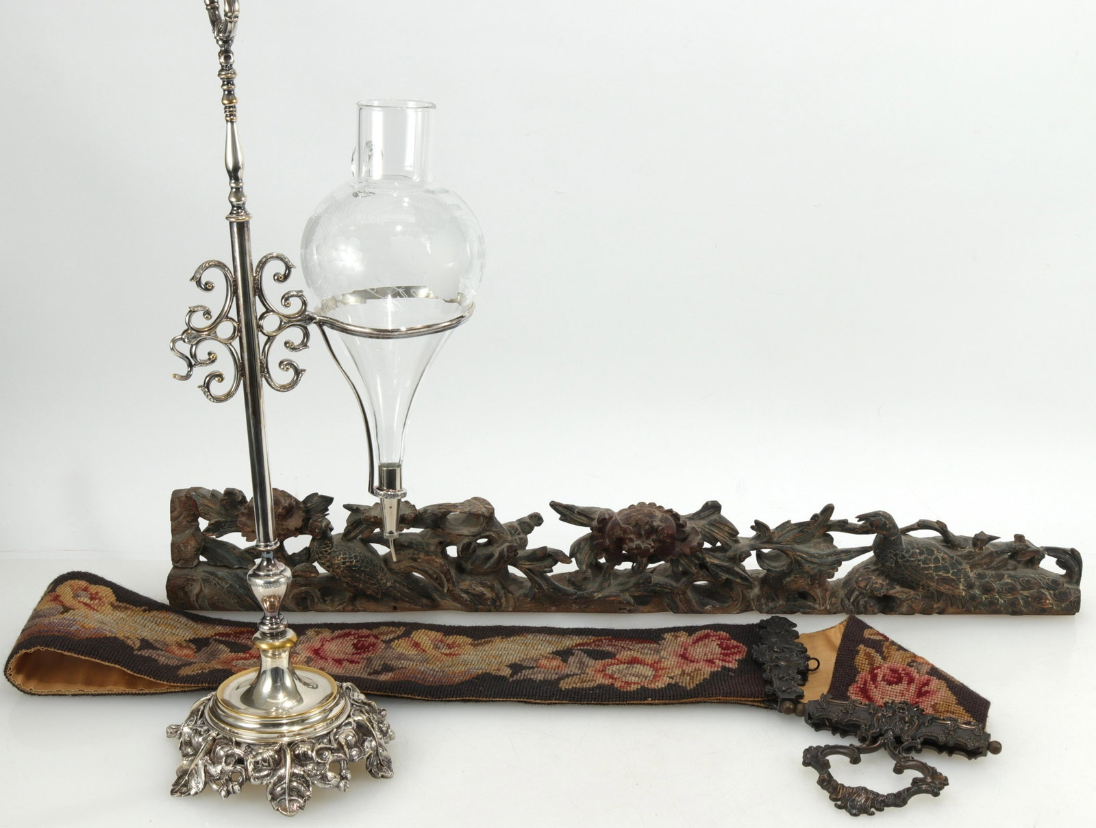 Silverplate Wine Dispenser, Bell Pull & Carving: Silverplate Wine Dispenser, Bell Pull & Asian Carving, wine dispenser signed Cenucchi Italy (CMAC615/3)(MS) Dimensions: Wine dispenser 23.5" H Property from a Manhattan collection