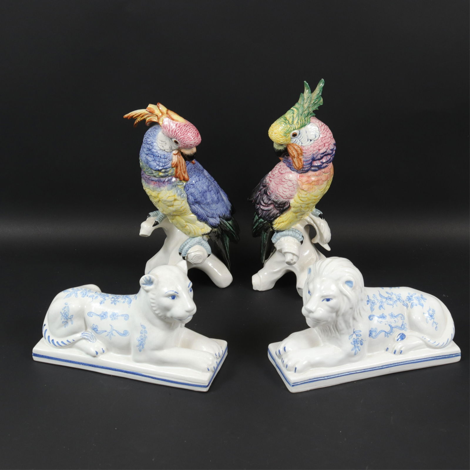 Pair Ceramic Tiffany Lions & 2 Pottery Parrots (1 of 8)