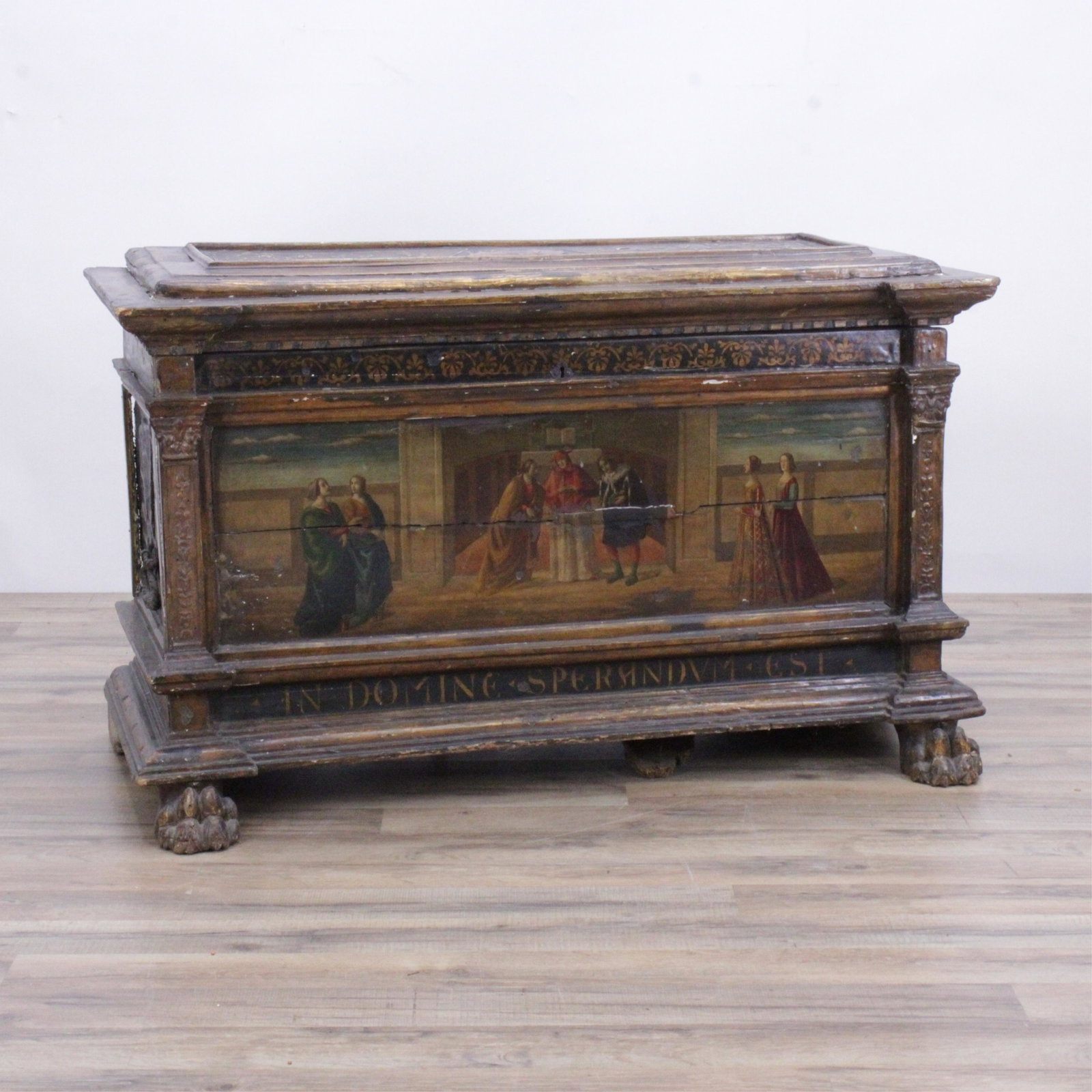 Italian Renaissance Revival Polychromed Coffer: Italian Renaissance Revival Gilt Polychromed Coffer, Late 19th C. (MMAT451)(MS) Dimensions: 26 3/4" H x 43" W x 19" D Property from a West Cornwall Connecticut Home and Former New Orleans Louisiana An