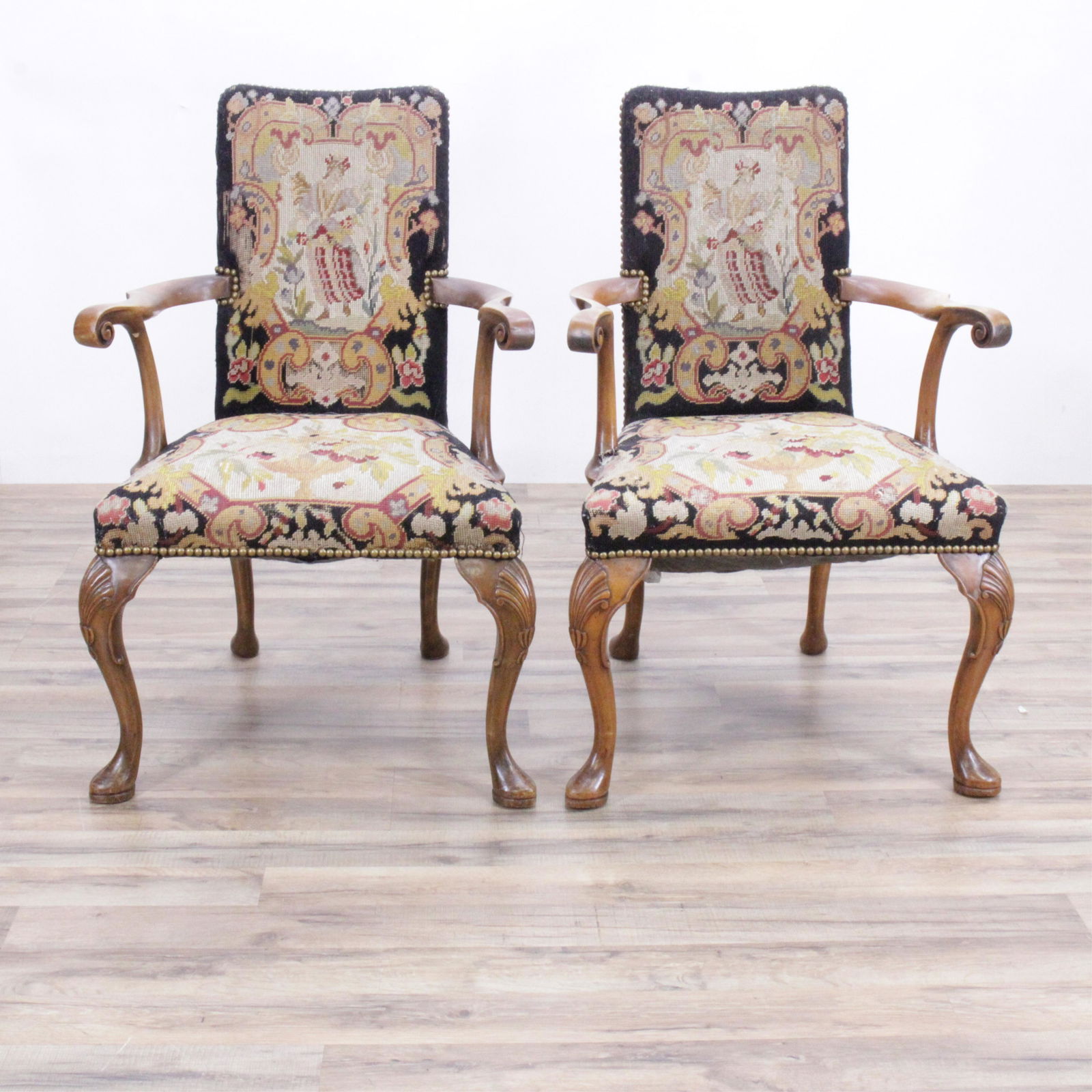 Pair Queen Anne Style Mahogany Armchairs (1 of 10)