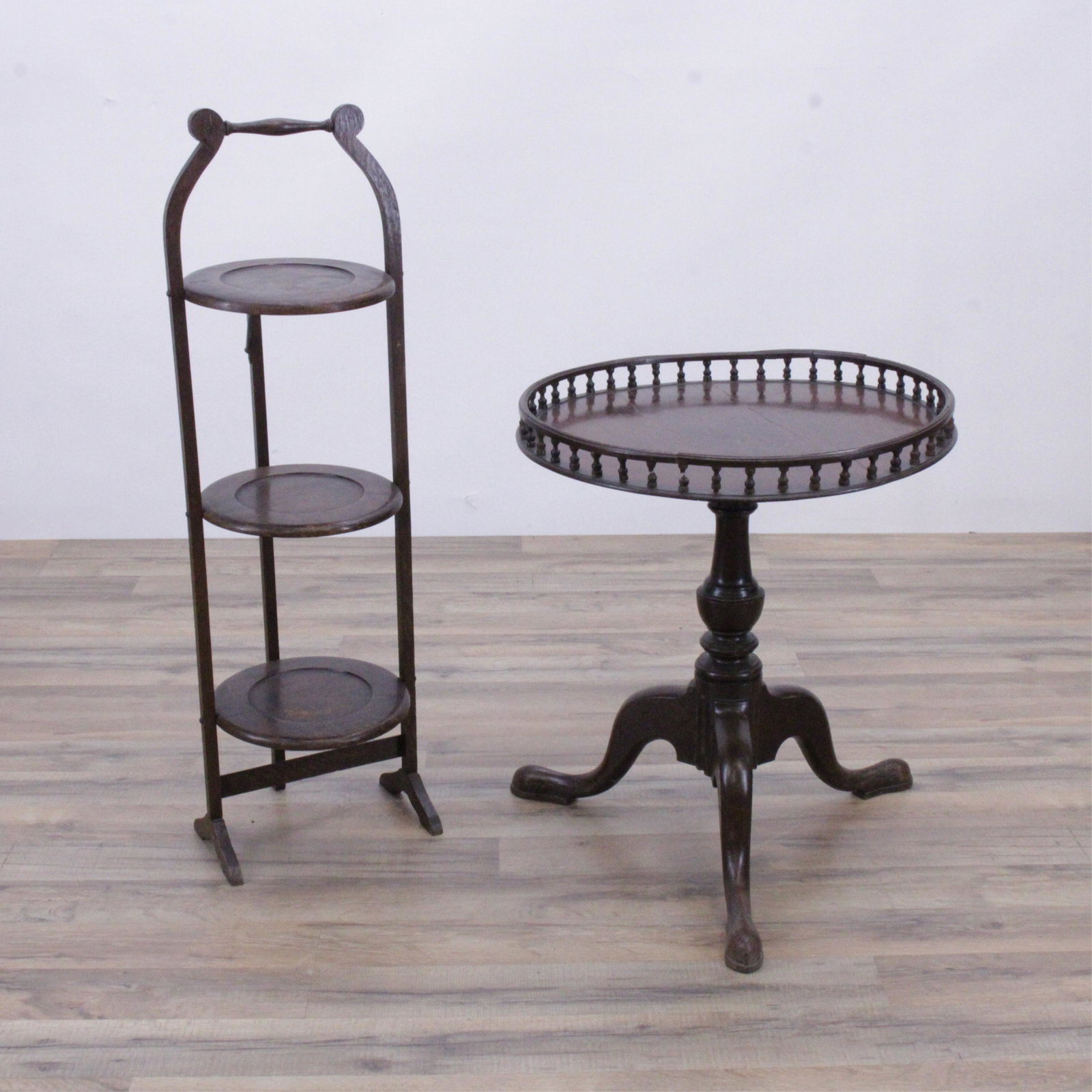 George II Mahogany Wine Table- Oak Pie Stand: George II Mahogany Wine Table, circular top with gallery, raised on a turned stand with tripod base, underside marked country of origin, England along with an oak whatnot 3 tier folding pie-cake stand