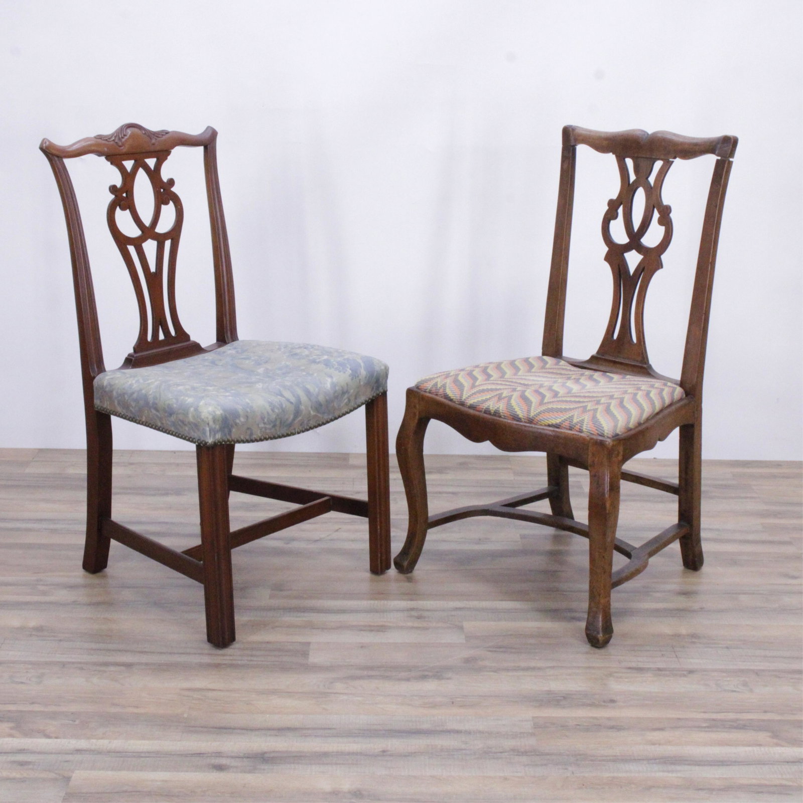 2 George III Style Mahogany Side Chairs, Fortuny: 2 George III Style Mahogany Side Chairs, one upholstered in silvered blue Fortuny batik (CMAC226/2)(MS) Dimensions: 36 1/2" H x 18" W x 19" D Property from a Manhattan collection