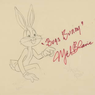 VIRGIL ROSS - BUGS BUNNY SIGNED MEL BLANC: Virgil Walter Ross, Am., 1907 -1996, Bugs Bunny production drawing, signed in marker ink by voice actor Mel Blanc, pencil signed drawing on animation art paper. Note: Verso attached authenticity