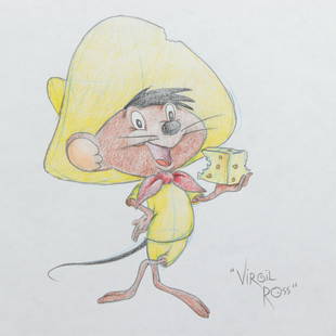 VIRGIL ROSS - SPEEDY GONZALES - DRAWING: Virgil Walter Ross, Am., 1907 -1996, Speedy Gonzales drawing, pencil and colored pencil on animation paper, signed and numbered along bottom -41 R18 (JOHB571)(MM) Dimensions: 10 1/2 x 12 1/2