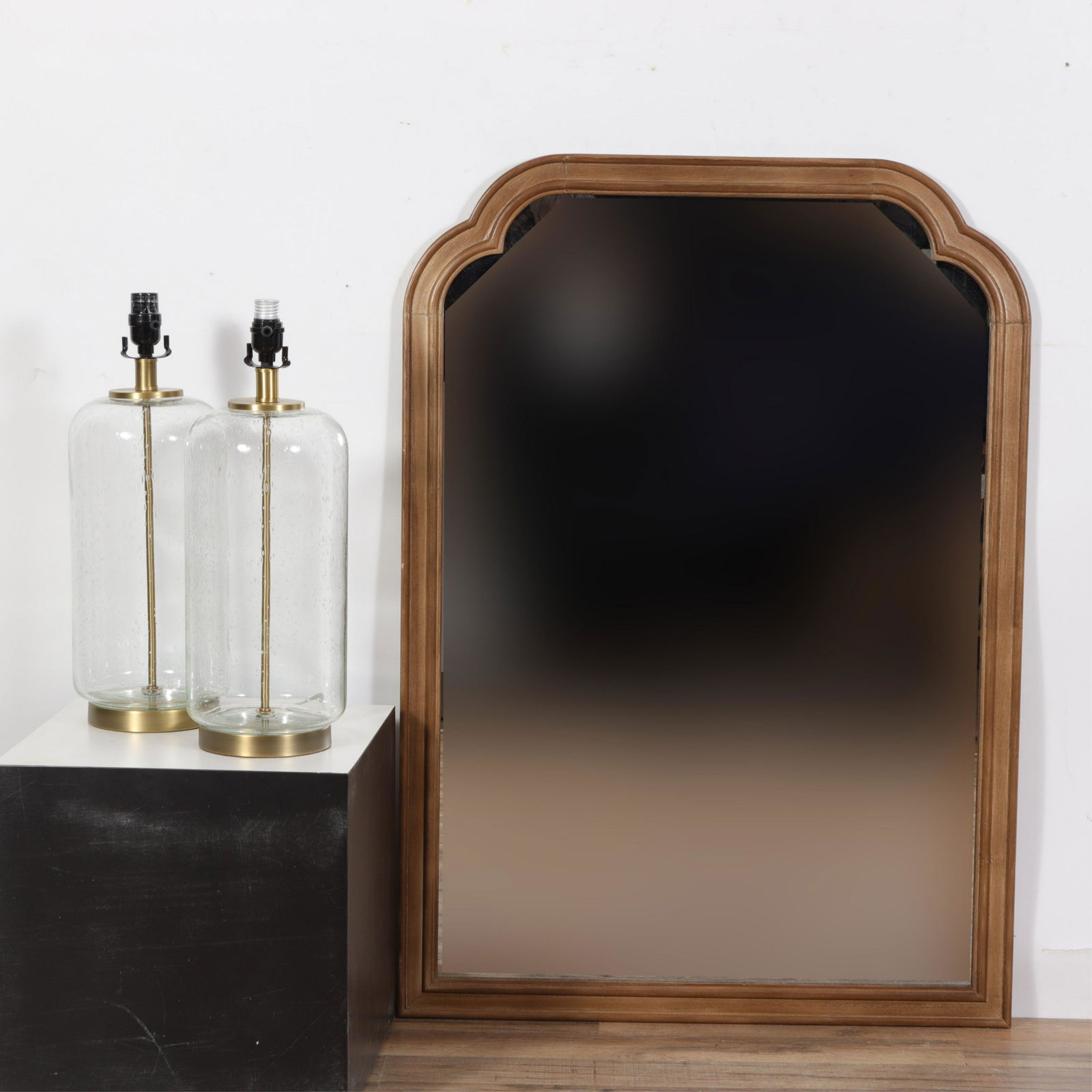 Contemporary Brass & Soda Glass Lamps & Mirror (1 of 5)