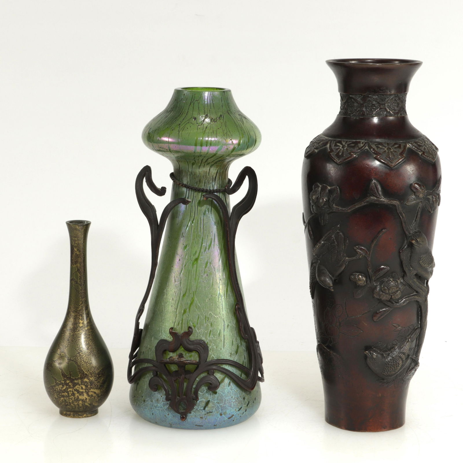 Loetz Style Vase & 2 Japanese Bronze Vases (1 of 9)