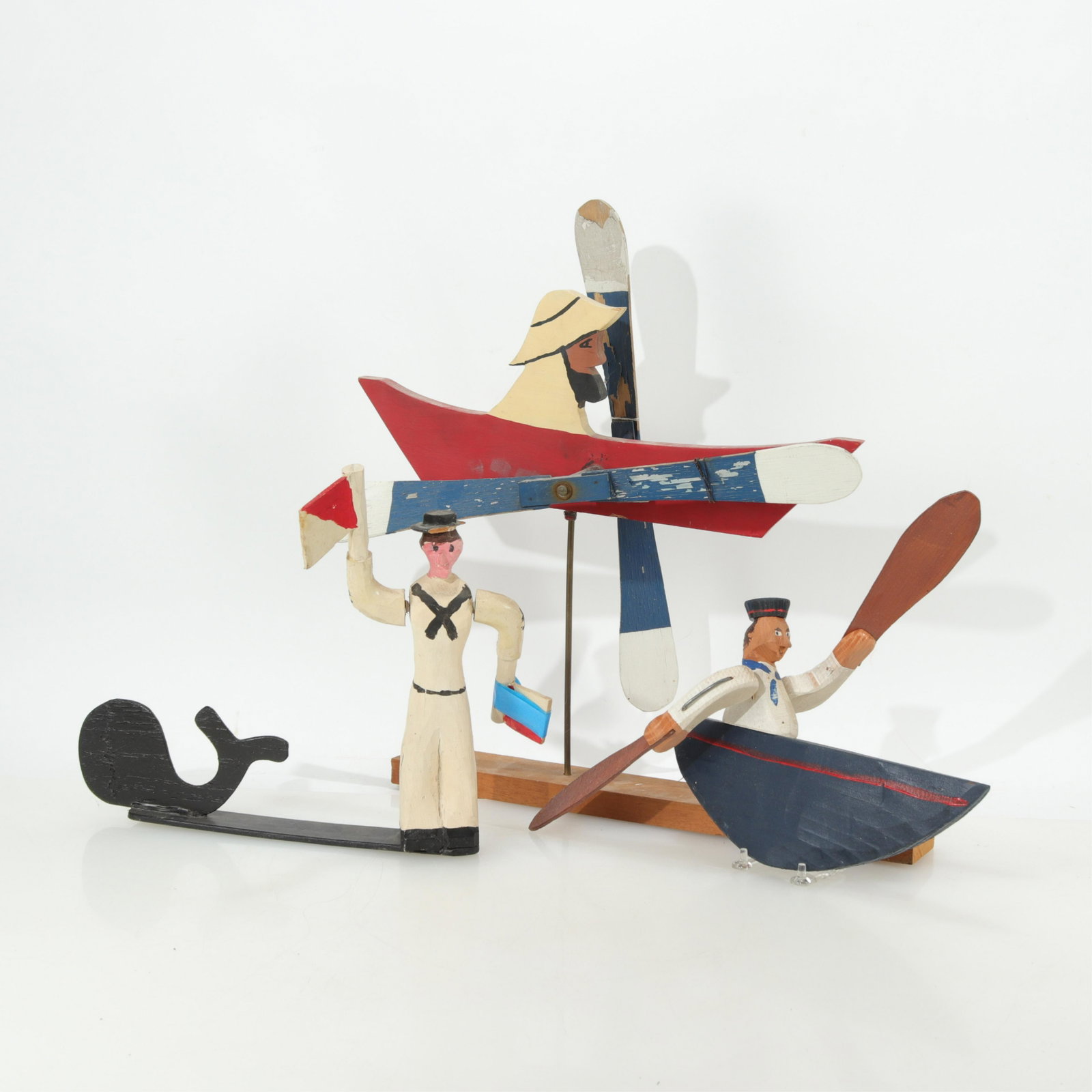Maritime Motif Painted Wood Whirligigs, 20th C: 3 Maritime Motif Painted Wood Whirligigs, 20th century, 2 with stands (MST317/3)(MS) Dimensions: Largest 17.25" long Property from a private collection, Scarsdale, NY.