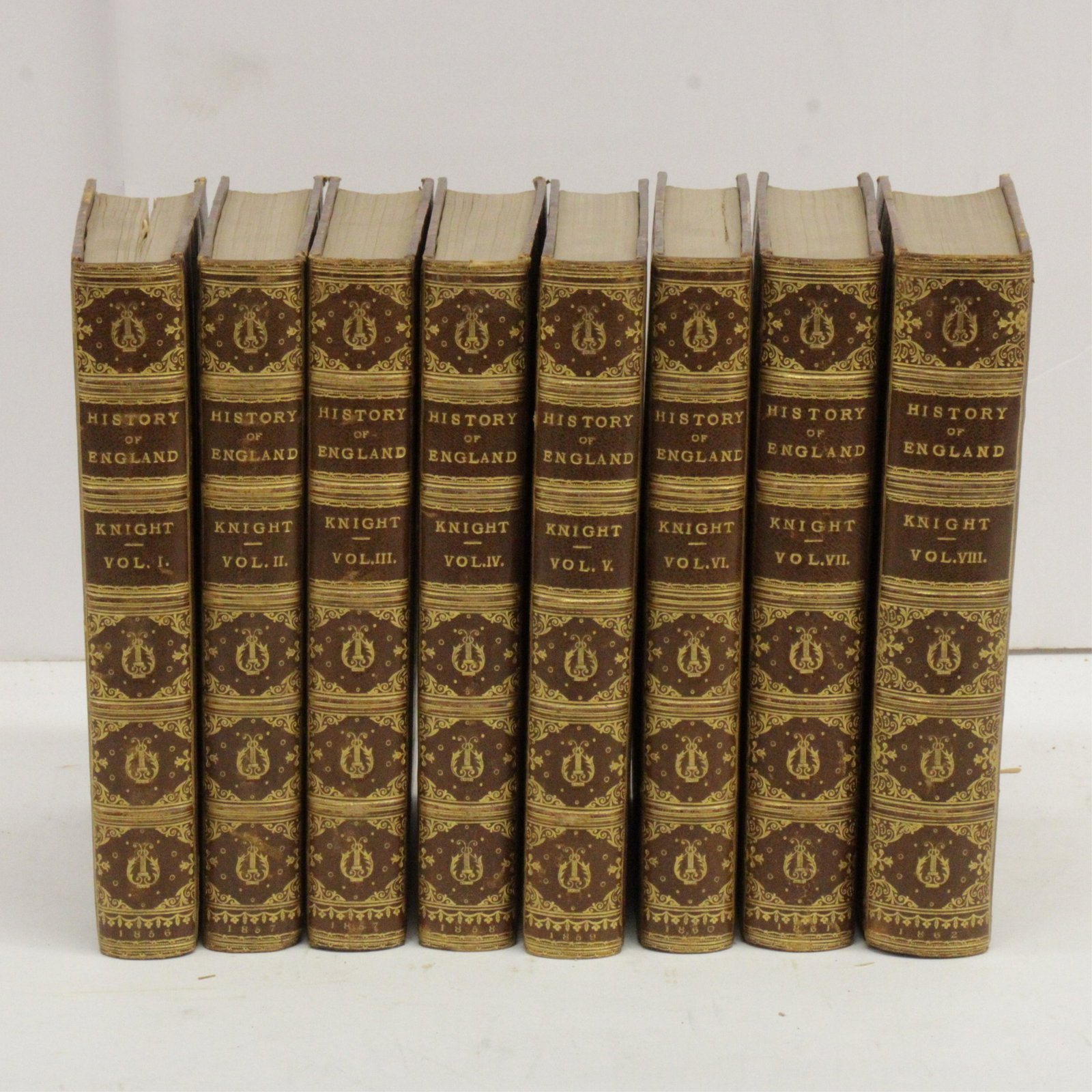 8 Volumes History of England Knight: Gilt decorated leather volumes (8), Bradbury and Evans 1856 6" x 9" Property from a Private Collection, removed from a duplex apartment at 840 Park Avenue