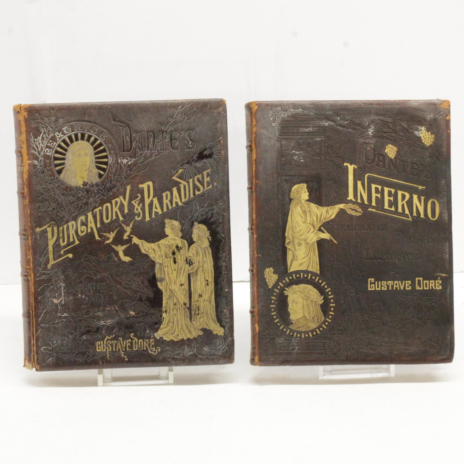Dante's Inferno and Purgatory & Paradise: Large ovo of Dante's Inferno and Purgatory and Paradise, leather gilt decoration and edging, 10" x 13" Property from a private Cape Cod collection