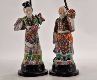 Pair of Canton Porcelain Figural Lamps: Pair of Canton Porcelain Figures Incorporated into Lamps, early 20th century. Each maiden is in a colorful dress with good color and detail and a finely painted face. One with peaches and the other wi