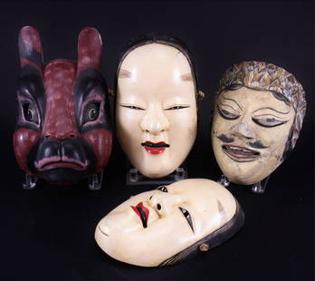 Group of Asian Wood Masks: Group of Asian Wood Masks, 20th C. Includes two fine Japanese Noh theater masks of Ko-Omote, and two Indonesian mask of a mustachioed man and a very well carved and painted red rabbit. 10" tallest