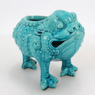 Burmantofts Pottery Jin Chan Lucky Toad: Vintage Burmantofts Pottery Jin Chan Lucky Toad, early 20th C. Popular edition of the English company's Turquoise glazed faience vase in their turn of the century art pottery line. 6.5" H Property fro