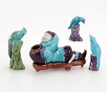 Chinese Porcelain Birds & Reclining Figure: Three Small Chinese Porcelain Birds and Reclining Figure, early to mid 20th c. Molded and glazed in multi colors, includes a pheasant, a parrot, and a magpie. Offered along with a well-modeled reclini