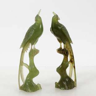 Pair Chinese Carved Hardstone Pheasants: Matched Pair Chinese Carved Hardstone Pheasants. Possibly Agate or Jade. One with color variation in tail feathers. 7.5" H x 2.25" W Property from life long collectors, Fairfield, CT