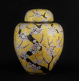 Large Chinese Cloisonne Jar: Large Chinese Cloisonne Jar, 20th C. Unusually large lidded jar with a motif of blossoming branches on what resembles a yellow cracked ice ground. Ming characters on the bottom, but of the 20th centur