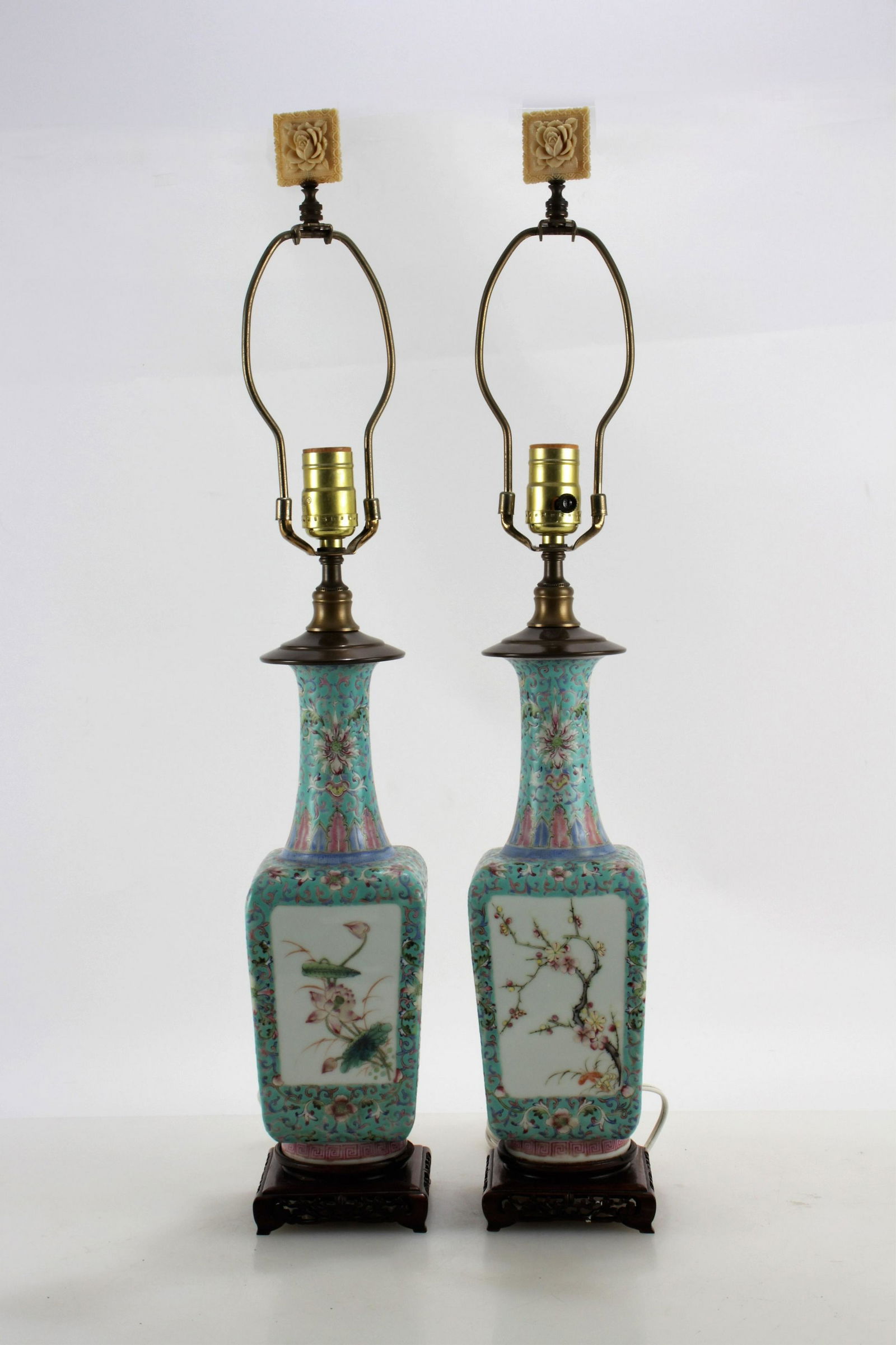 Pair Chinese Famille Rose Square Vases as Lamps (1 of 5)