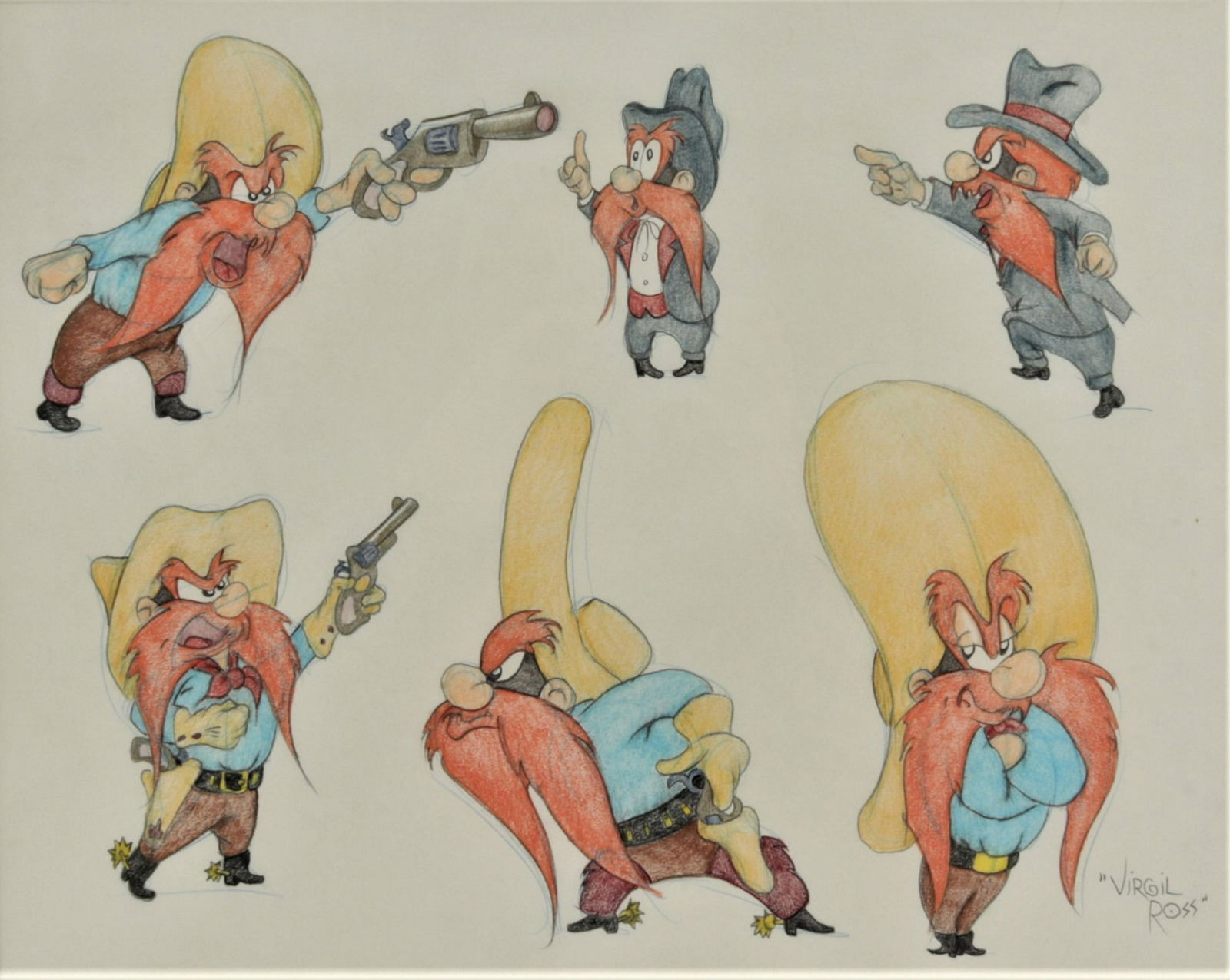 VIRGIL ROSS - YOSEMITE SAM - DRAWING: Virgil Walter Ross, Am., 1907 -1996,Yosemite Sam, study model sheet, pencil and colored pencil on paper, signed and framed, includes a Great American Ink Gallery Authenticity Statement Georgia receipt