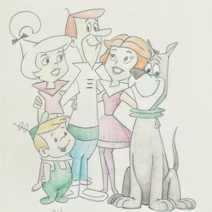 VIRGIL ROSS - JETSONS - DRAWING: Virgil Walter Ross, Am., 1907 -1996, The Jetsons, pencil and colored pencil on paper, signed, framed. Includes a Cricket Gallery of Atlanta Georgia cataloged receipt on verso 12 x 9 1/2, framed 20 1/2