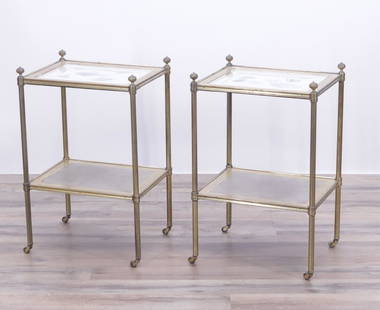 Pair Regency Style Gilt Side Tables, poss. Asprey: Pair of Regency style gilt brass two tier side tables inset with shell print, possibly by Asprey of London. 23" H x 15" W x 11.75" D Property from life long collectors, Fairfield, CT