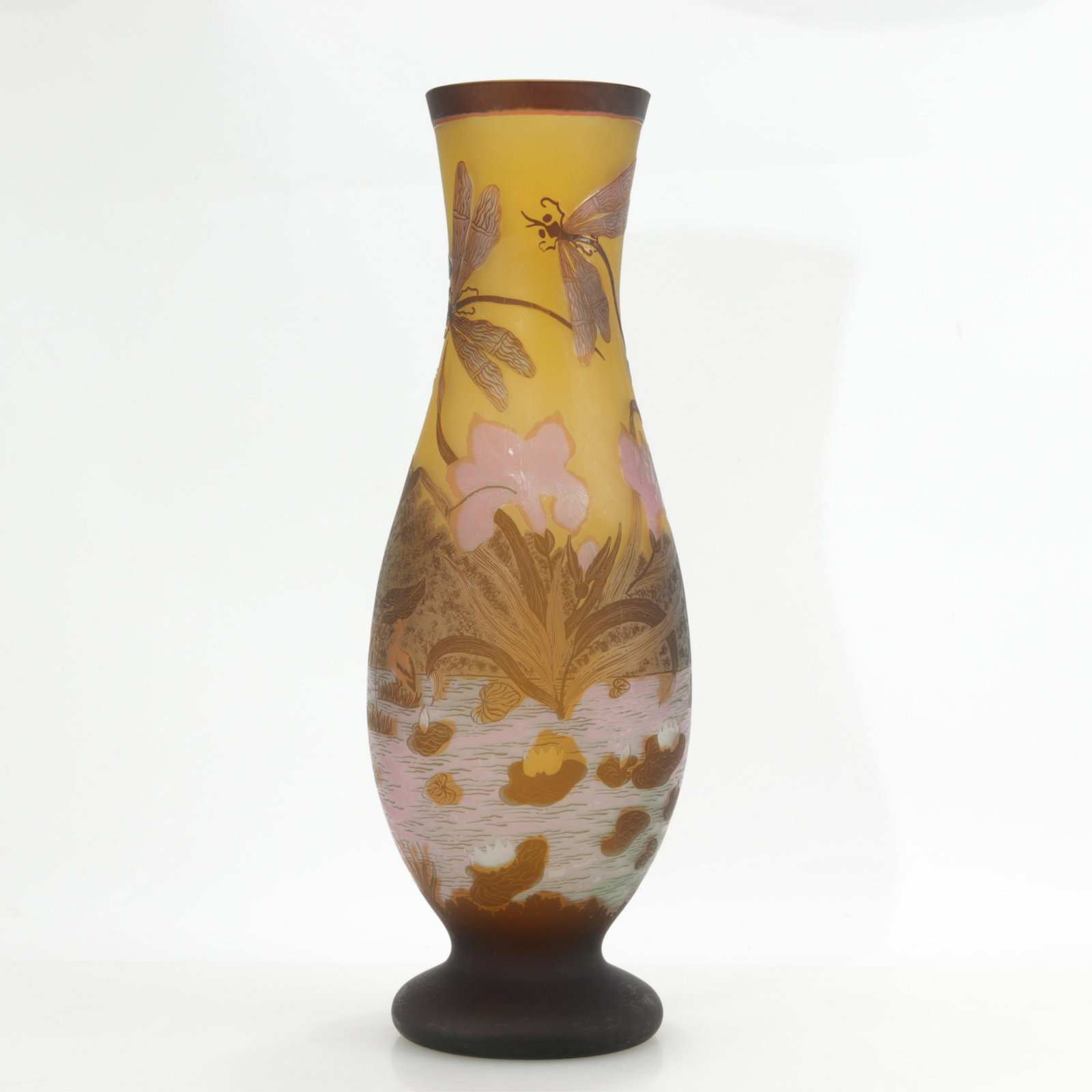 After Emile Galle - Cameo Glass Vase: After Emile Galle - Cameo Glass Vase with pond scenery, cranes & dragonflies. 23.75" H Property from a Fine Collection of Antiques & Decorative Art, Rumson, New Jersey.