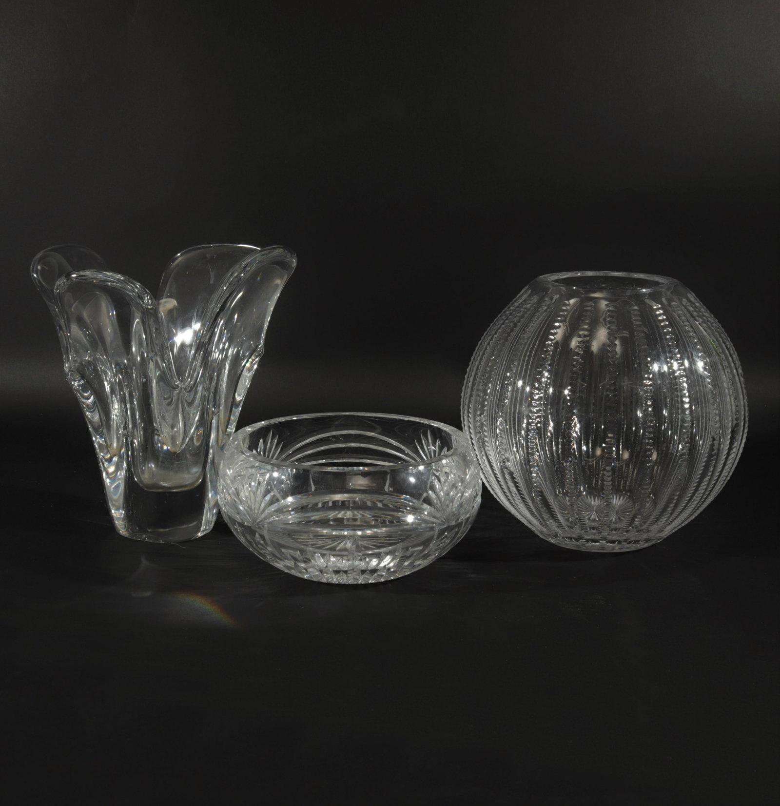 Baccarat Glass Vase & 2 Etched Glass Vases/Bowl: Baccarat Glass Vase & 2 Etched Glass Vases/Bowl Largest 9" H Property from The Lombary Hotel, NYC