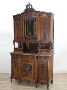 Louis XV Style Carved Walnut Buffet a Deux Corps: Louis XV Style Carved Walnut Buffet a Deux Corps, late 19th early 20th century 105.25" H x 88" W x 24.75" D Property from a Fine Collection of Antiques & Decorative Art, Rumson, New Jersey.