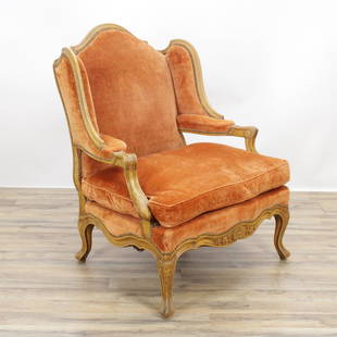 Louis XV Style Beechwood Bergere: Louis XV Style Beechwood Bergere upholstered in orange velvet. 40.75" H x 31" W x 32" D Property from a Dobbs Ferry, NY estate