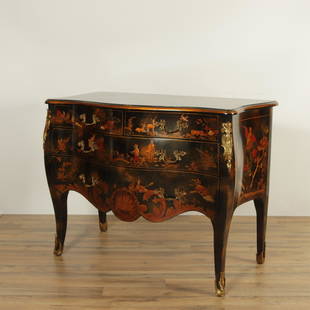 Louis XV Style Chinoiserie Decorated Commode: Louis XV Style Chinoiserie Decorated Black Lacquered Commode 34.5" H x 45" W x 23" D Property from a Fine Collection of Antiques & Decorative Art, Rumson, New Jersey.