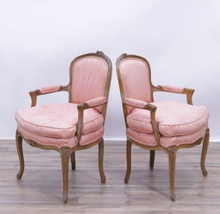 Pair of Louis XV Style Beechwood Fauteuils: Pair of Louis XV Style Beechwood Fauteuils, upholstered in dusty rose silk damask. 34" H x 22" W x 21" D Property from life long collectors, Fairfield, CT