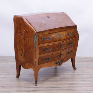 Louis XVI Style Tulipwood Slant Front Bureau: Louis XVI Style Tulipwood Slant Front Bureau, Marquetry inlaid 37" H x 37.5" W x 18.5" D Property from a Dobbs Ferry, NY estate