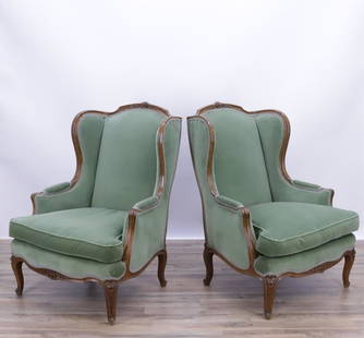 Pair of Louis XV Style Beechwood Bergeres: Pair of Louis XV Style Beechwood Bergeres upholstered in green velvet. 41.5" H x 30" W x 33" D Property from life long collectors, Fairfield, CT