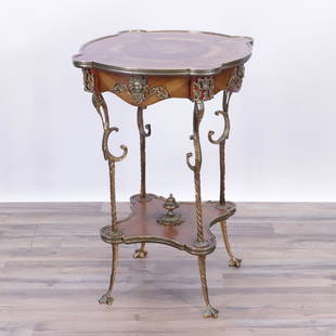 Louis XV Style Gilt Metal & Parquetry End Table: Louis XV Style Gilt Metal & Parquetry End Table, lobed top. 29.5" H x 22.5" diam Property from a Fine Collection of Antiques & Decorative Art, Rumson, New Jersey.