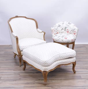 Louis XV Style Beechwood Chaise Longue & Bench: Louis XV Style Beechwood 2-Part Chaise Longue & Bench 33.5" H x 25" W x 47" L Property from life long collectors, Fairfield, CT