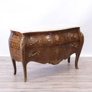 Louis XV Style Tulipwood Commode: Louis XV Style Tulipwood Commode. Parquetry inlay, cream marble. 33.5" H x 53.25" W x 19.75" D Property from a Dobbs Ferry, NY estate