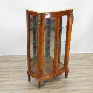 Louis XV Style Tulipwood Vitrine: Louis XV Style Tulipwood Vitrine with cream marble top. Branded AMA. 47.5" H x 27.5" W x 12.5" D Property from a Dobbs Ferry, NY estate