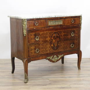 Louis XVI Gilt-Metal Mounted Marquetry Commode: Louis XV/XVI Style Gilt-Metal Mounted Marquetry Commode 34" H x 39.25" W x 19.25" D Property from a Fine Collection of Antiques & Decorative Art, Rumson, New Jersey.