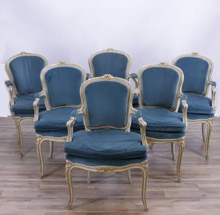 Set of 6 Louis XV Style Parcel-Gilt Fauteuil: Set of 6 Louis XV Style Parcel-Gilt Cream Painted Fauteuil. Upholstered in blue green velvet. 35.5" H x 22.5" W x 22" D Property from life long collectors, Fairfield, CT