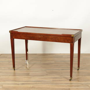 Louis XVI Mahogany Tric-Trac Table: Late 18th C. Louis XVI Mahogany Tric-Trac Table with rectangular reversible top, green baise playing surface on the reverse and opening to backgammon wells, inlaid with natural and green stained