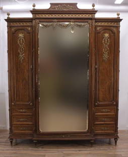 Louis XVI Style Ormolu Mounted Mahogany Wardrobe: Louis XVI Style Ormolu Mounted Mahogany Wardrobe, late 19th early 20th century 103.75" H x 86.25" W x 22.75" D Property from a Fine Collection of Antiques & Decorative Art, Rumson, New Jersey.