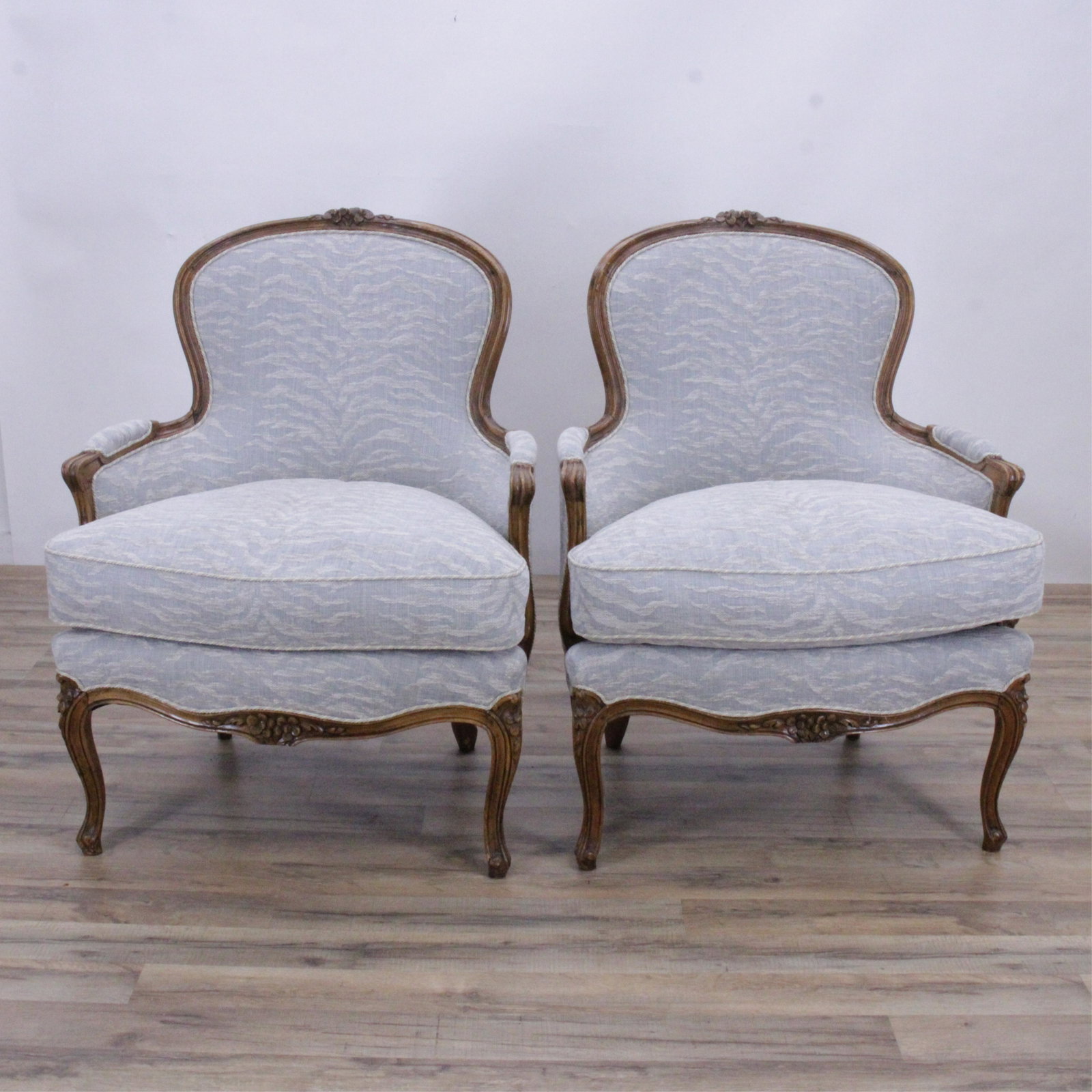 Pair Louis XV Style Beechwood Bergeres: Pair Louis XV Style Beechwood Bergeres, upholstered in light blue cut velvet 37 1/2" H x 29" W x 27" D Property from a private collection, Gramercy Park, NYC