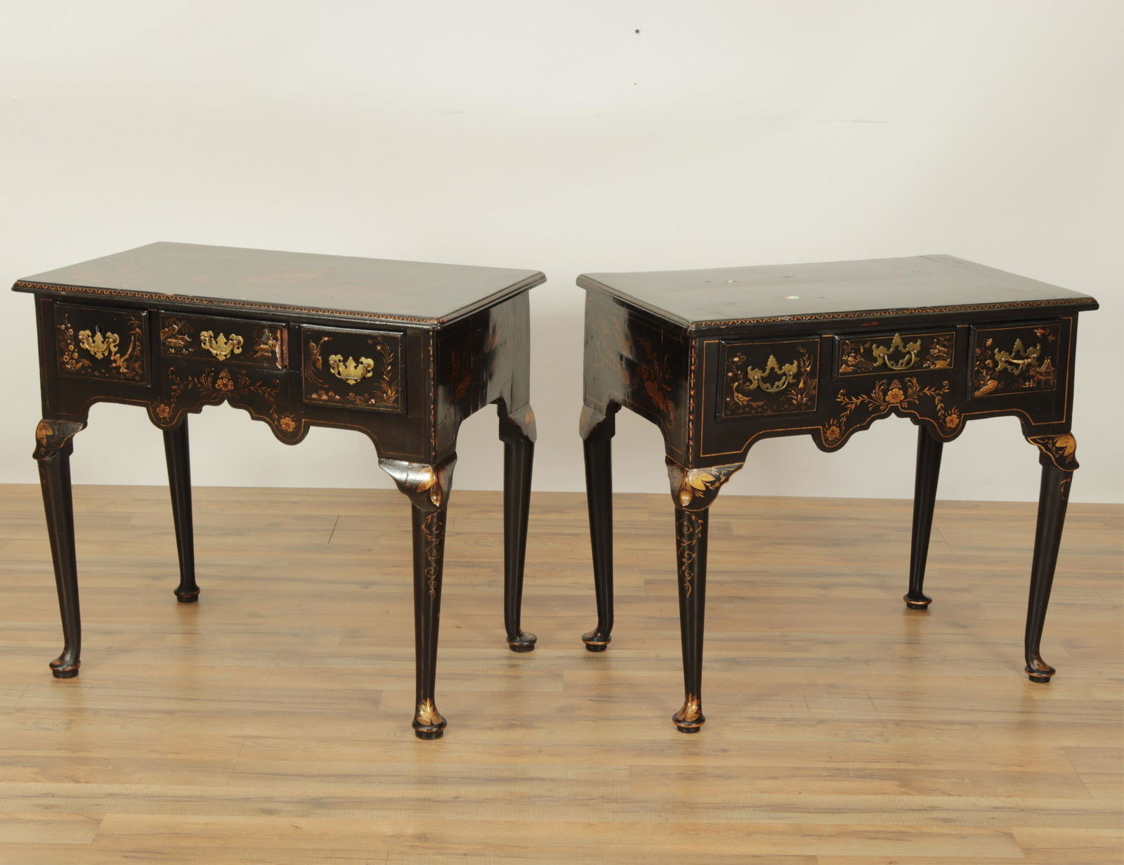 Pair of George III Chinoiserie Lowboys, 18th C: Pair of George III Chinoiserie Decorated Black Lacquered Lowboys, 18th C 27" H x 30" W x 17.75" D Property from a Fine Collection of Antiques & Decorative Art, Rumson, New Jersey.